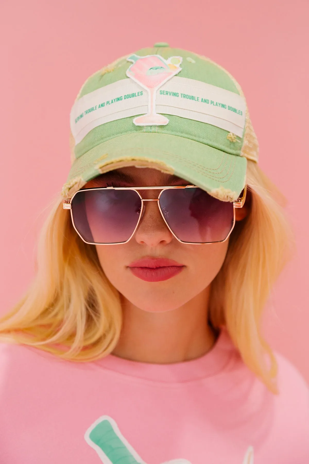 SERVING TROUBLE GREEN DISTRESSED HAT