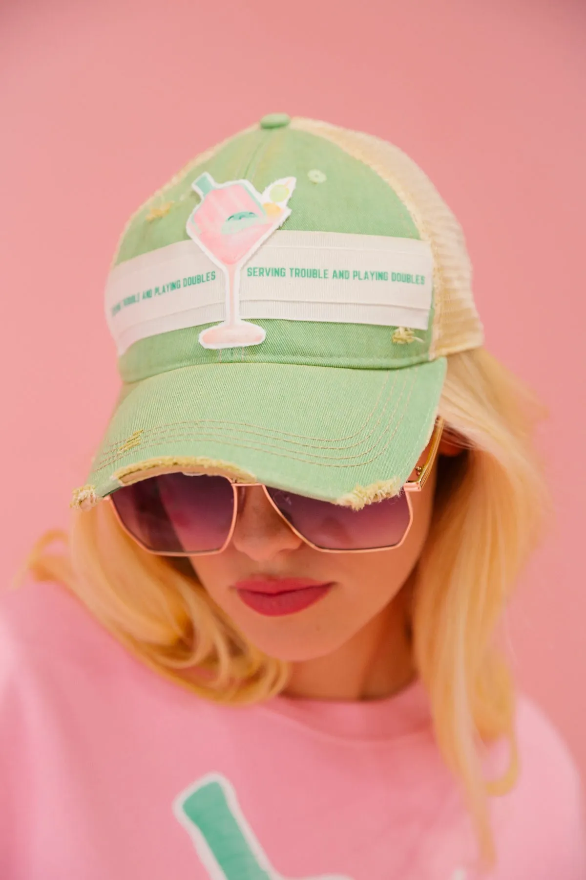 SERVING TROUBLE GREEN DISTRESSED HAT