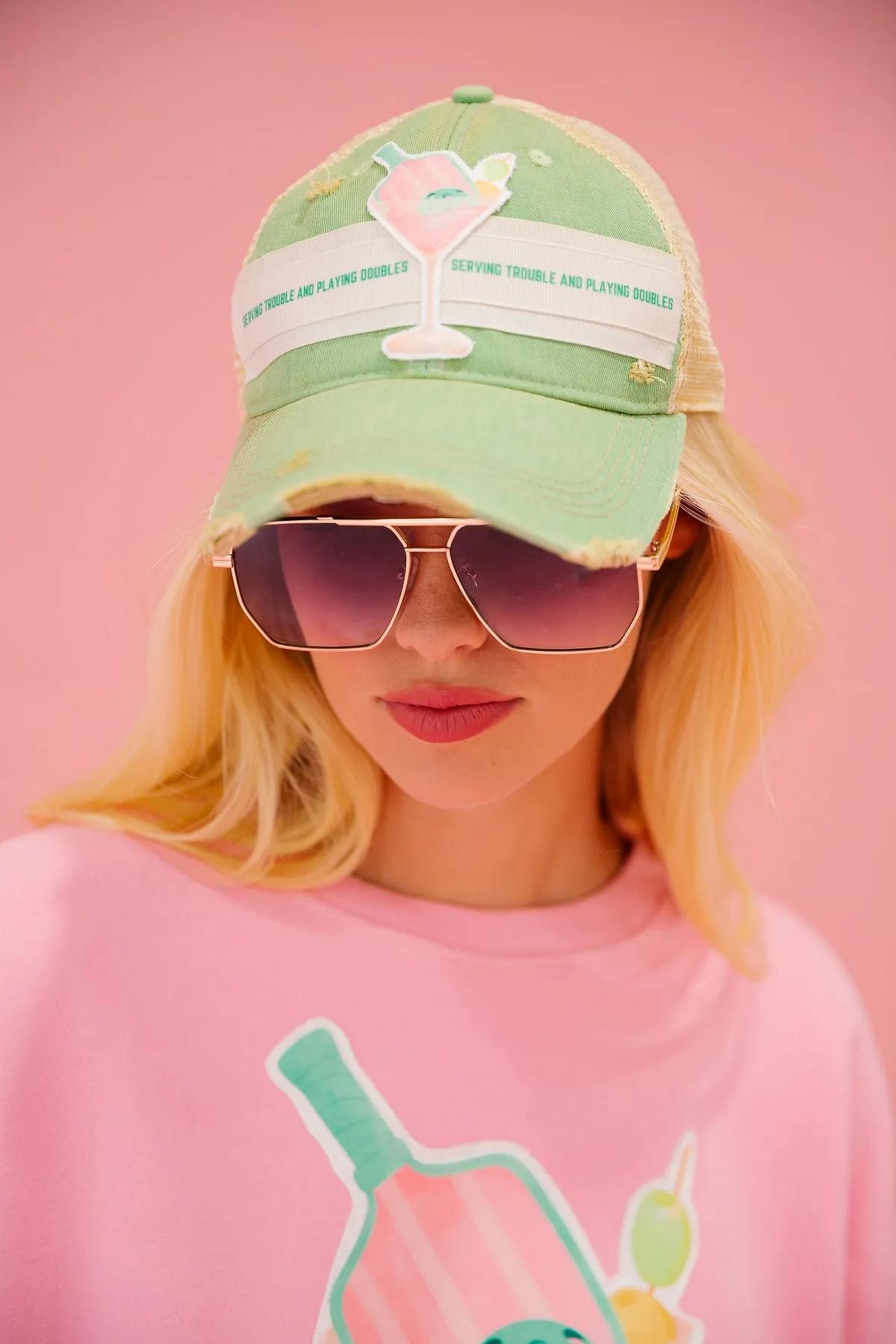 SERVING TROUBLE GREEN DISTRESSED HAT