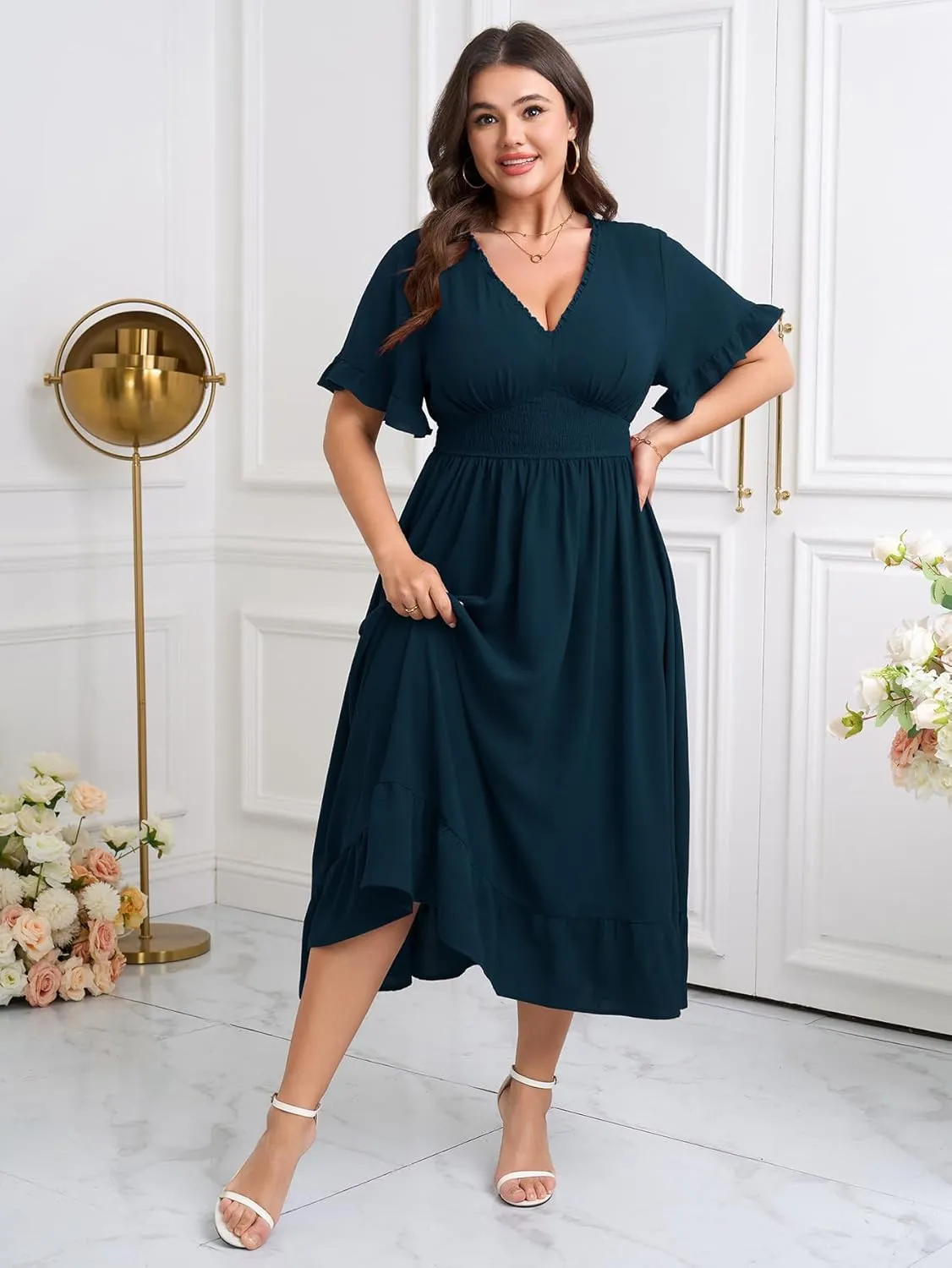 SHETARR Women Plus Size V Neck Maxi Dress Short Sleeve Smocked Waist Ruffle Hem Flowy Summer Formal Dresses for Wedding Guest