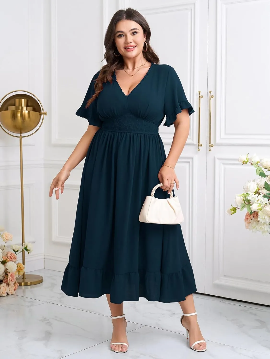 SHETARR Women Plus Size V Neck Maxi Dress Short Sleeve Smocked Waist Ruffle Hem Flowy Summer Formal Dresses for Wedding Guest