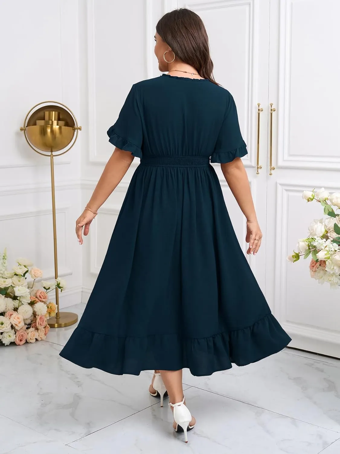 SHETARR Women Plus Size V Neck Maxi Dress Short Sleeve Smocked Waist Ruffle Hem Flowy Summer Formal Dresses for Wedding Guest
