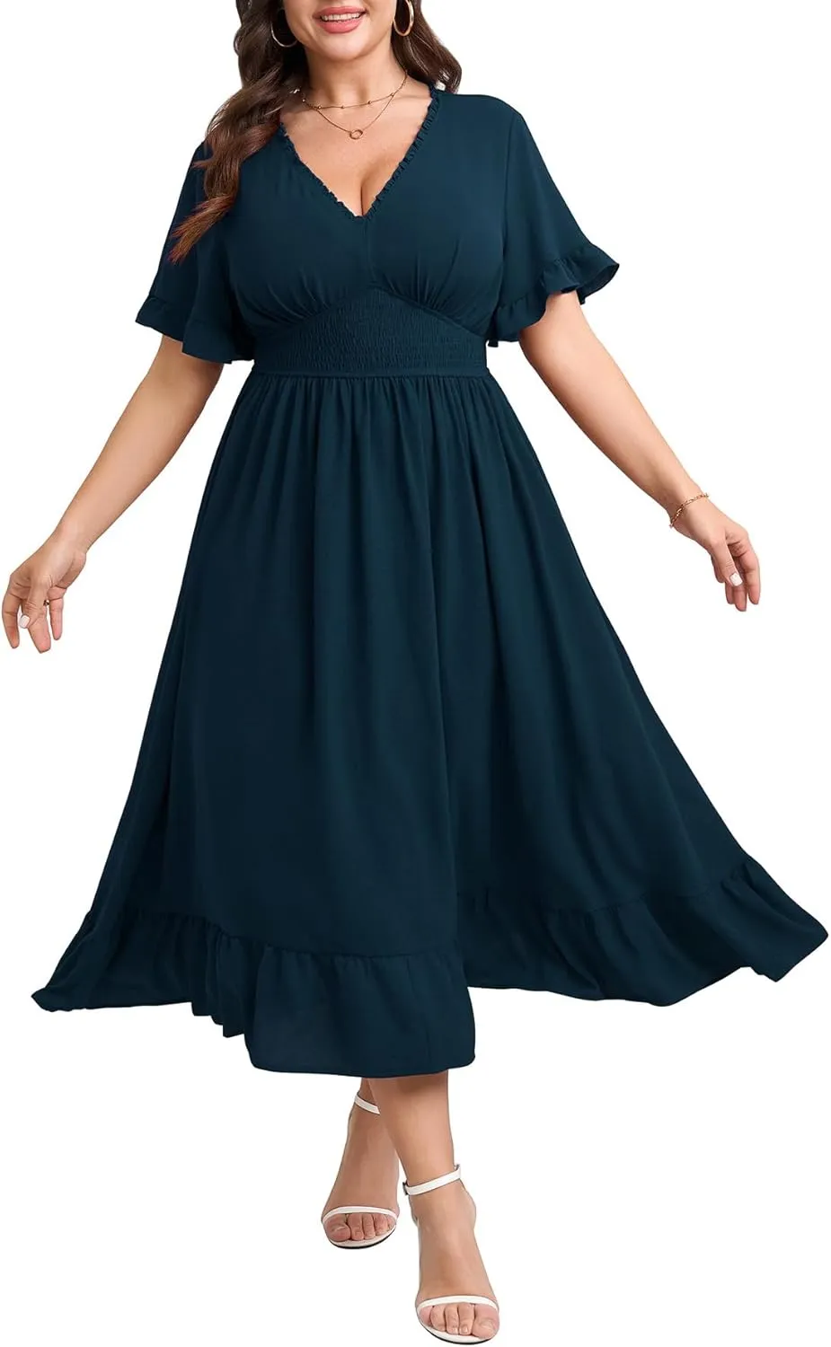 SHETARR Women Plus Size V Neck Maxi Dress Short Sleeve Smocked Waist Ruffle Hem Flowy Summer Formal Dresses for Wedding Guest