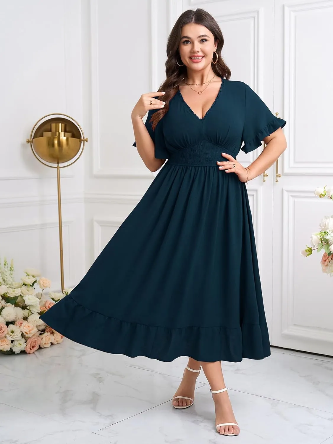 SHETARR Women Plus Size V Neck Maxi Dress Short Sleeve Smocked Waist Ruffle Hem Flowy Summer Formal Dresses for Wedding Guest