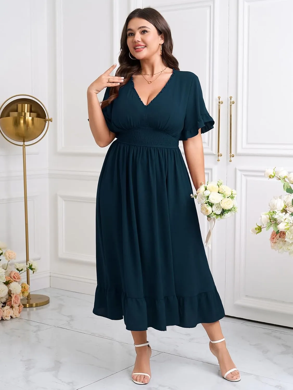 SHETARR Women Plus Size V Neck Maxi Dress Short Sleeve Smocked Waist Ruffle Hem Flowy Summer Formal Dresses for Wedding Guest