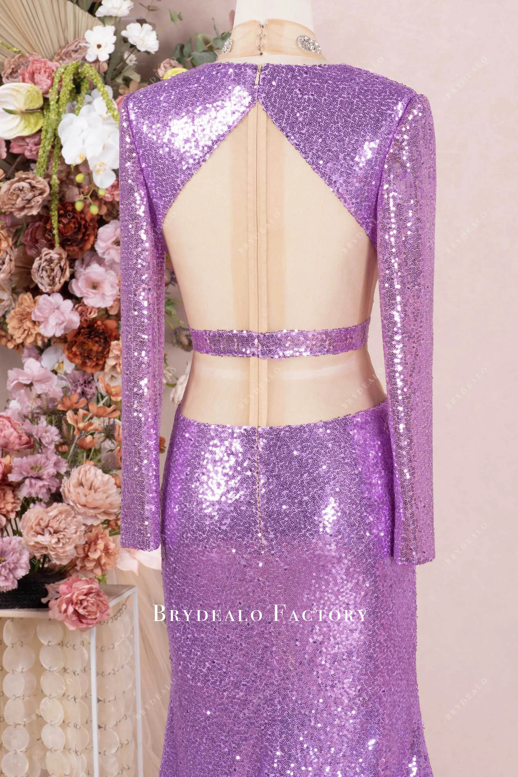 Sparkly Lilac Sequin Choker Cutout Mermaid Prom Dress