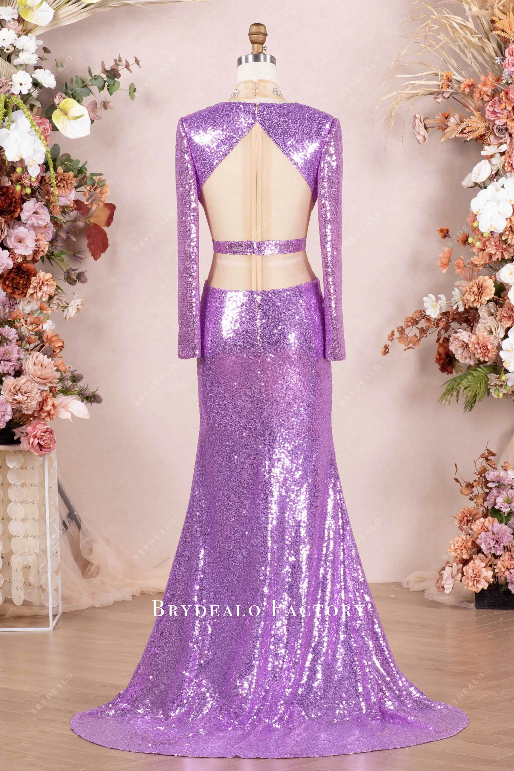 Sparkly Lilac Sequin Choker Cutout Mermaid Prom Dress