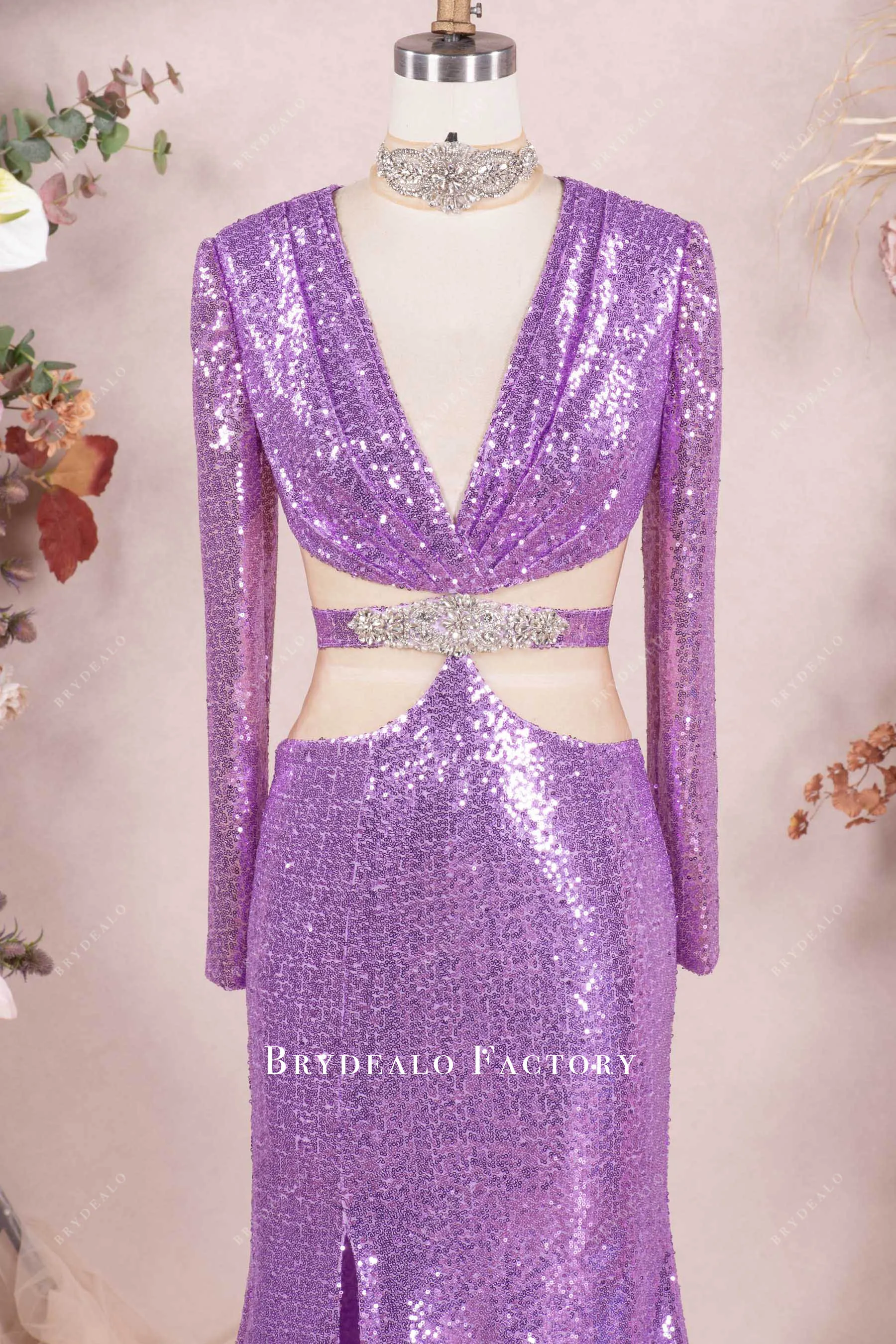 Sparkly Lilac Sequin Choker Cutout Mermaid Prom Dress