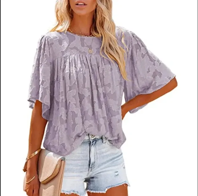 Summer Ladies Fashion Trend Solid Color Blouse Casual Puffed Round Neck Bat Sleeve T-shirt