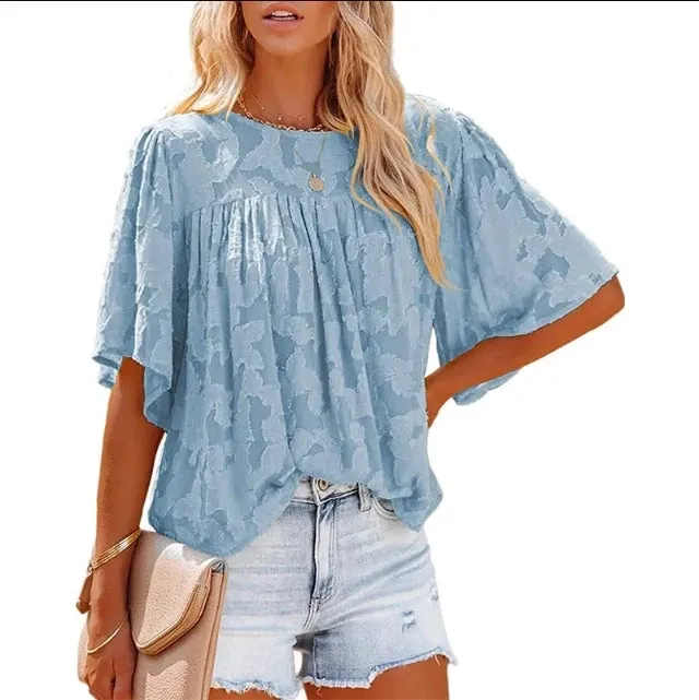 Summer Ladies Fashion Trend Solid Color Blouse Casual Puffed Round Neck Bat Sleeve T-shirt
