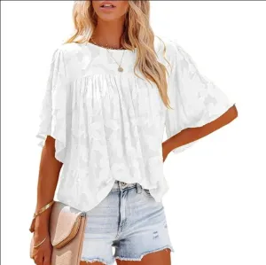 Summer Ladies Fashion Trend Solid Color Blouse Casual Puffed Round Neck Bat Sleeve T-shirt