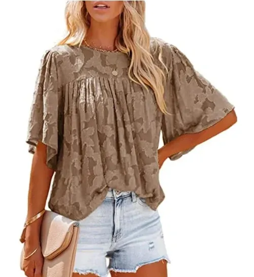Summer Ladies Fashion Trend Solid Color Blouse Casual Puffed Round Neck Bat Sleeve T-shirt