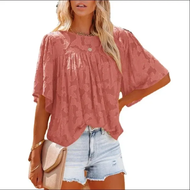 Summer Ladies Fashion Trend Solid Color Blouse Casual Puffed Round Neck Bat Sleeve T-shirt