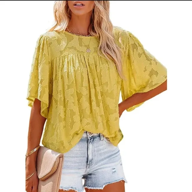 Summer Ladies Fashion Trend Solid Color Blouse Casual Puffed Round Neck Bat Sleeve T-shirt