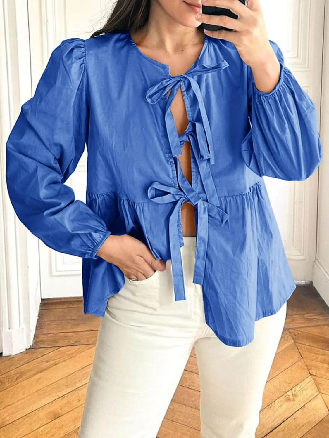 Tankaneo Womens Tie Front Tops Blouses Long Puff Sleeve Peplum Babydoll Bow Shirt Summer Coquette Tops