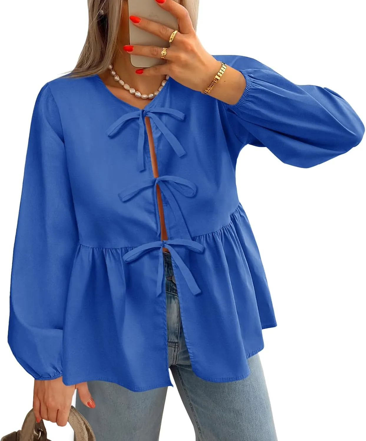 Tankaneo Womens Tie Front Tops Blouses Long Puff Sleeve Peplum Babydoll Bow Shirt Summer Coquette Tops