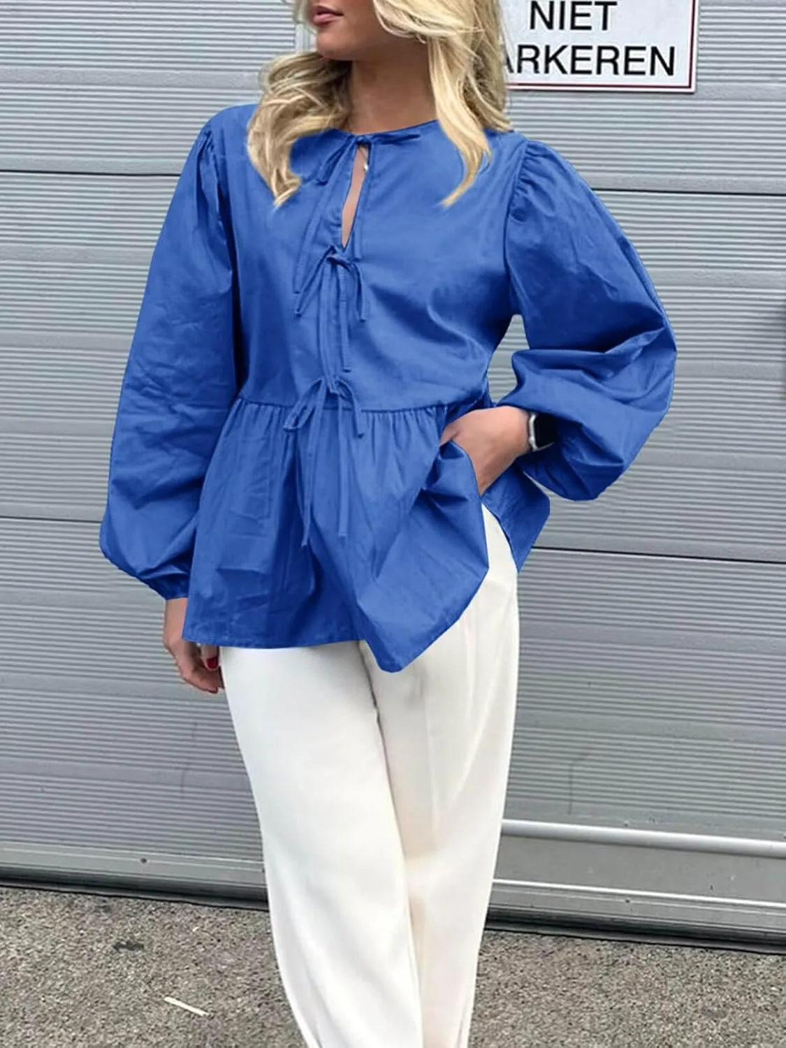 Tankaneo Womens Tie Front Tops Blouses Long Puff Sleeve Peplum Babydoll Bow Shirt Summer Coquette Tops