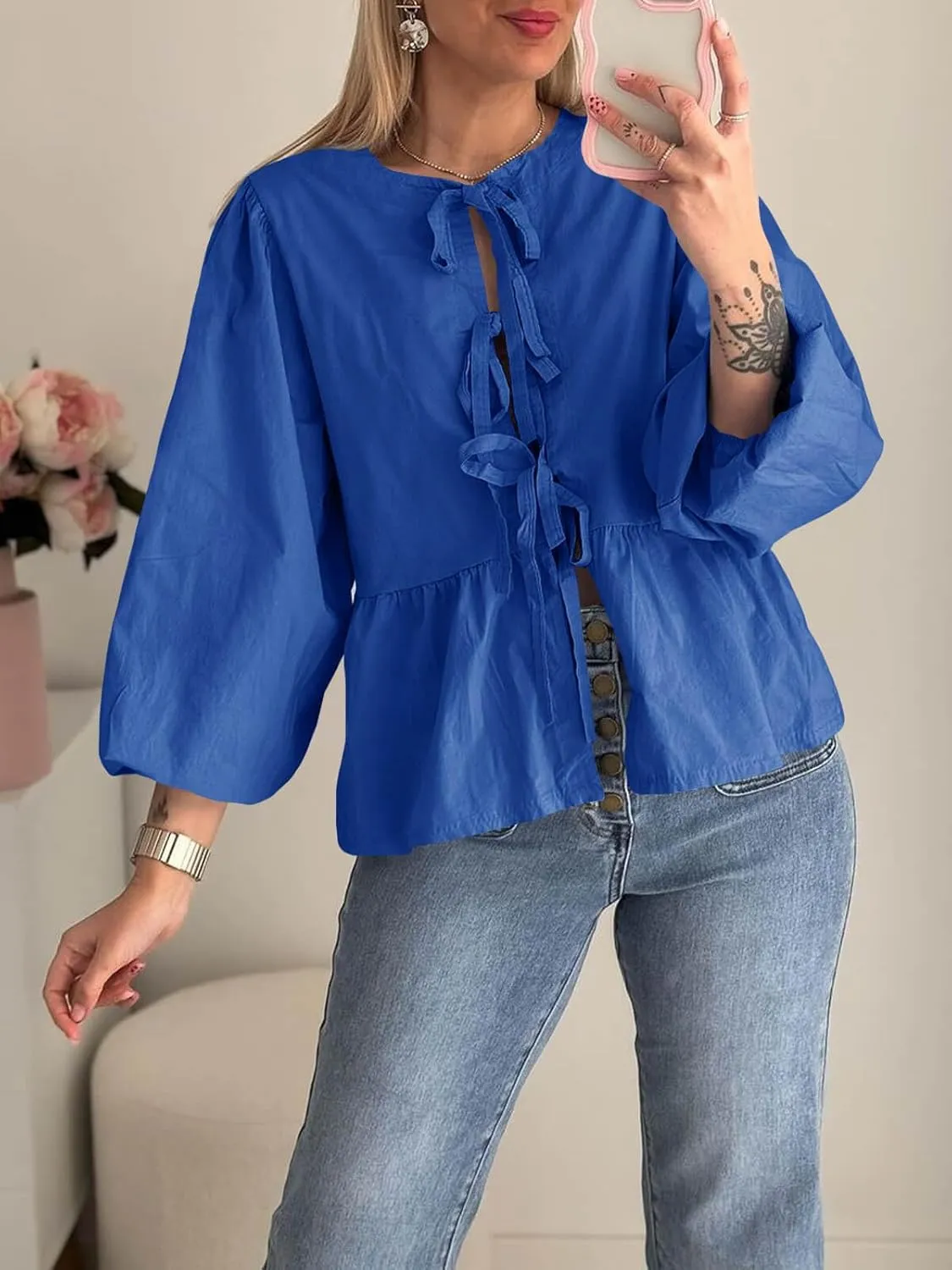 Tankaneo Womens Tie Front Tops Blouses Long Puff Sleeve Peplum Babydoll Bow Shirt Summer Coquette Tops