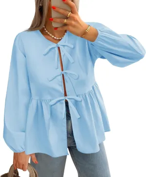 Tankaneo Womens Tie Front Tops Blouses Long Puff Sleeve Peplum Babydoll Bow Shirt Summer Coquette Tops