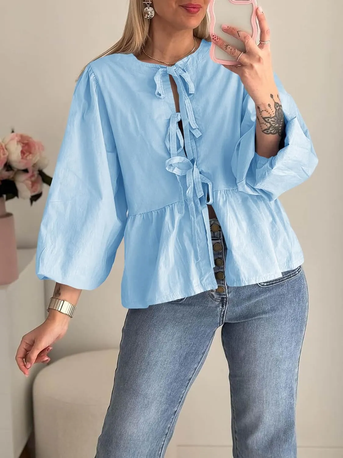 Tankaneo Womens Tie Front Tops Blouses Long Puff Sleeve Peplum Babydoll Bow Shirt Summer Coquette Tops