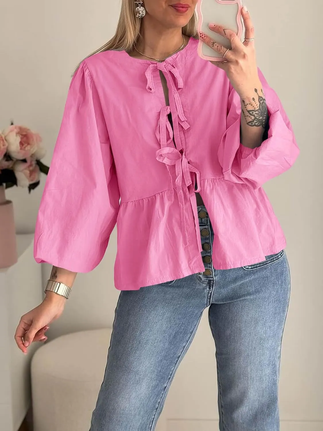 Tankaneo Womens Tie Front Tops Blouses Long Puff Sleeve Peplum Babydoll Bow Shirt Summer Coquette Tops