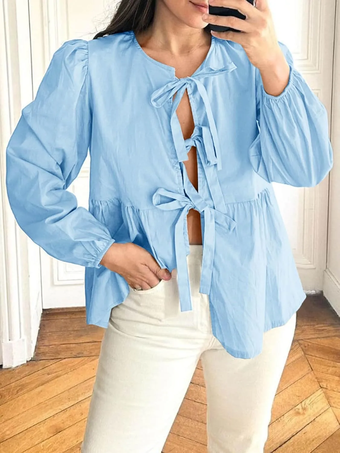 Tankaneo Womens Tie Front Tops Blouses Long Puff Sleeve Peplum Babydoll Bow Shirt Summer Coquette Tops