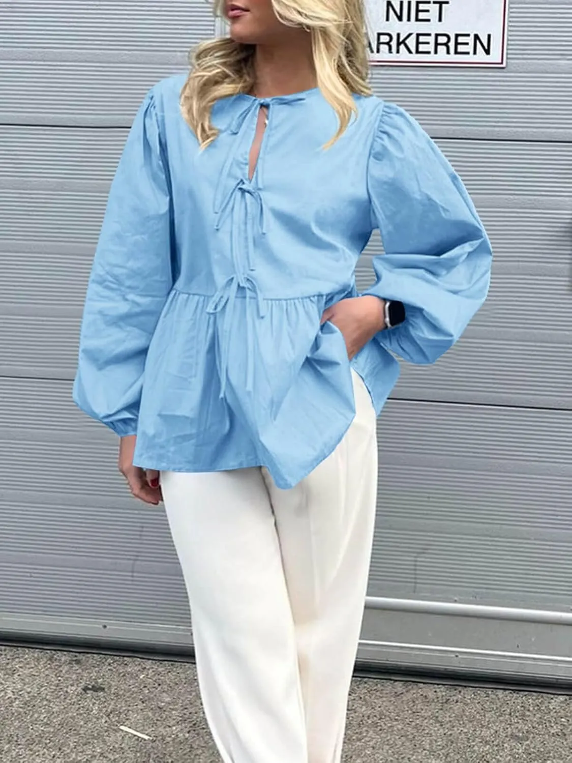 Tankaneo Womens Tie Front Tops Blouses Long Puff Sleeve Peplum Babydoll Bow Shirt Summer Coquette Tops