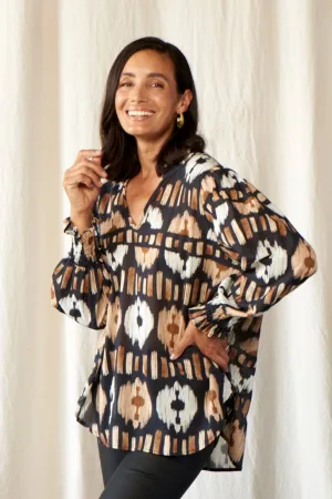 Tyla Print Long Sleeve Top Black and Camel