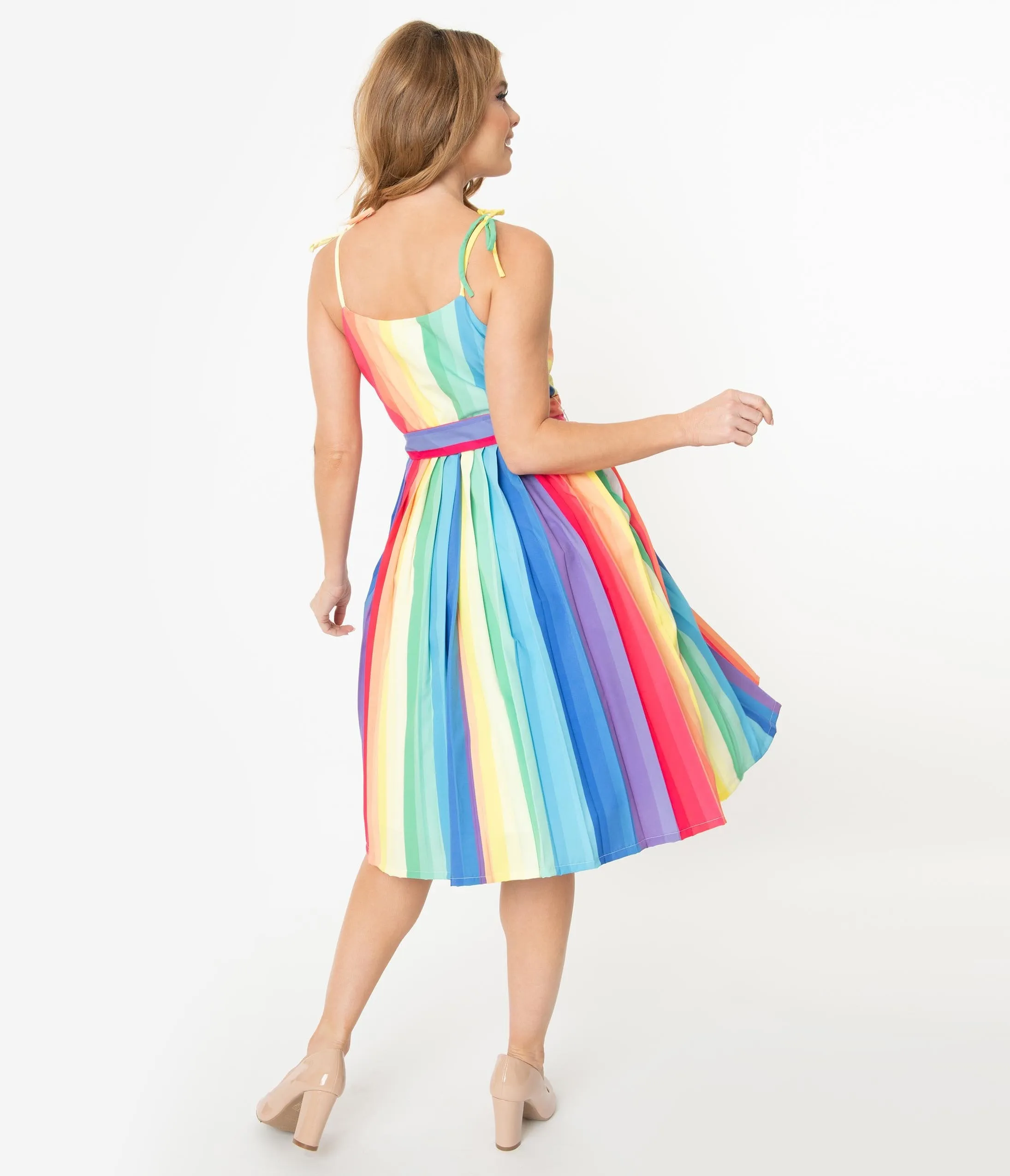 Unique Vintage 1950s Style Rainbow Maddy Swing Dress
