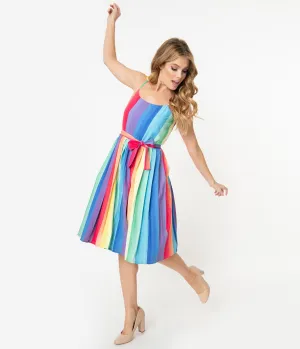 Unique Vintage 1950s Style Rainbow Maddy Swing Dress
