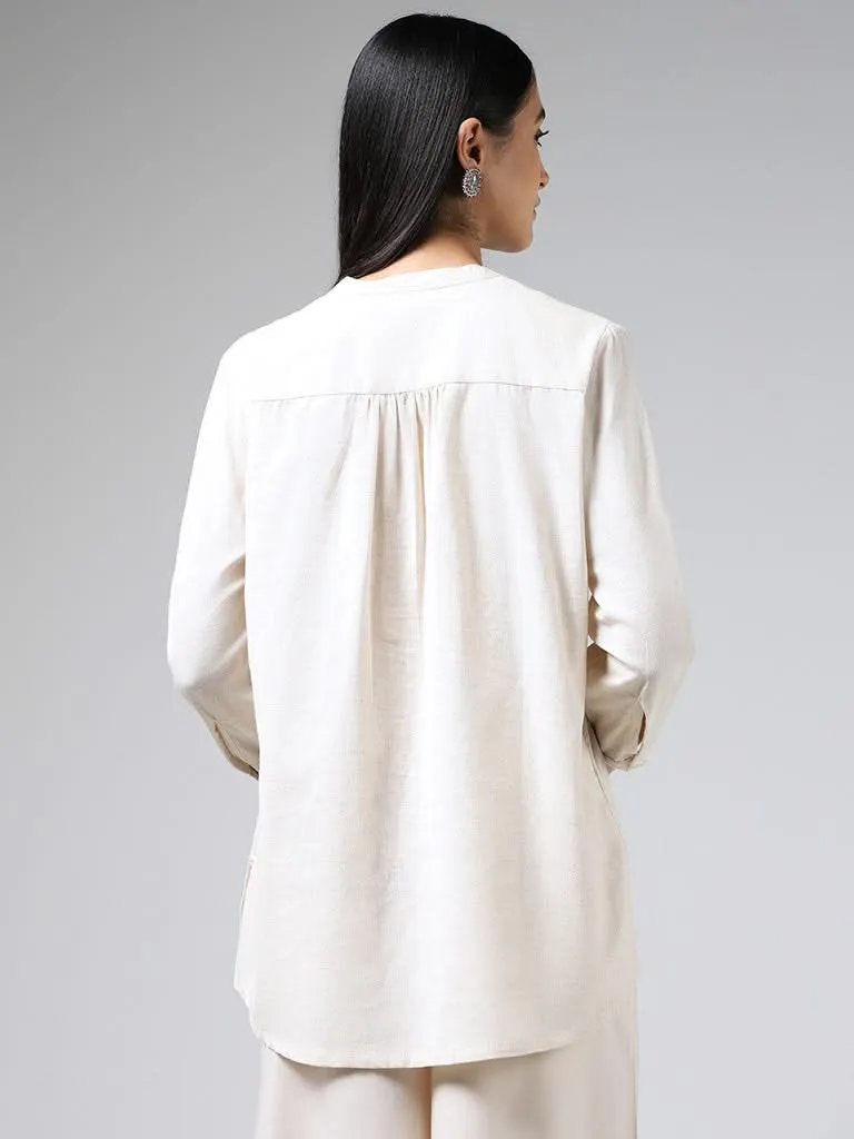 Utsa Off White Floral Embroidered Cotton Shirt