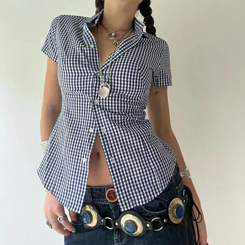 Vintage Fashion Plaid Shirt Women Cropped Top Buttons-Up Cardigan Y2K Korean Style Casual Summer Blouse Short Sleeve
