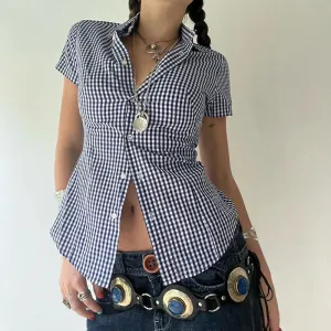 Vintage Fashion Plaid Shirt Women Cropped Top Buttons-Up Cardigan Y2K Korean Style Casual Summer Blouse Short Sleeve