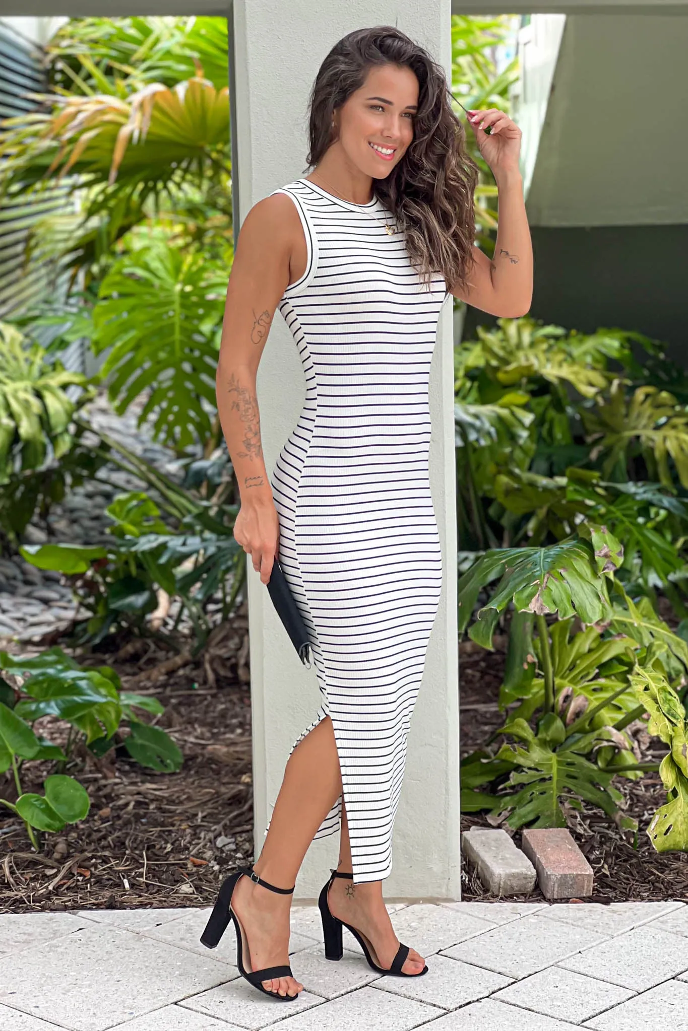 White And Black Sleeveless Striped Midi Dress With Side Slit