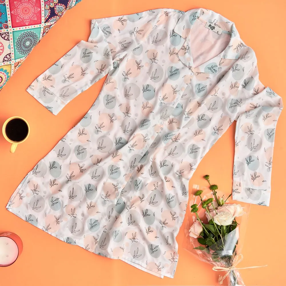 Women summer pajama Flowered circles buttoned night shirt