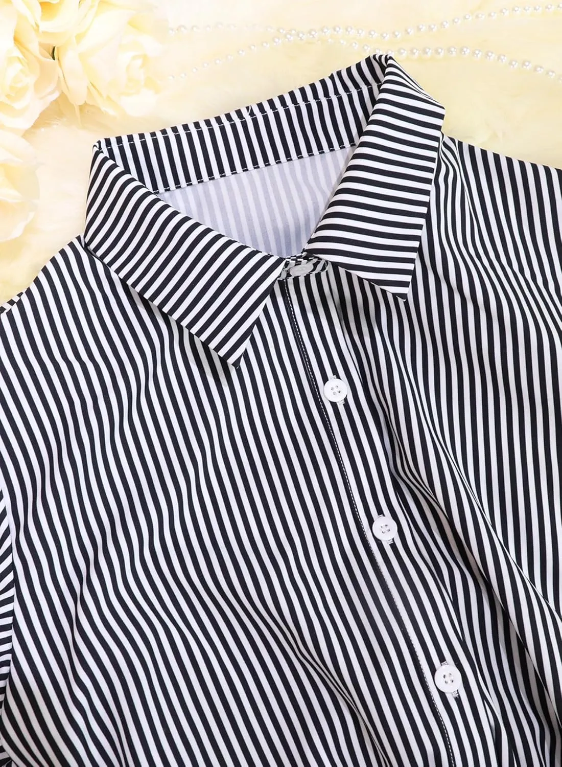 Women Summer Striped Maxi Long Button Down Short Sleeve Tie Waist Tiered Casual Shirt Dress