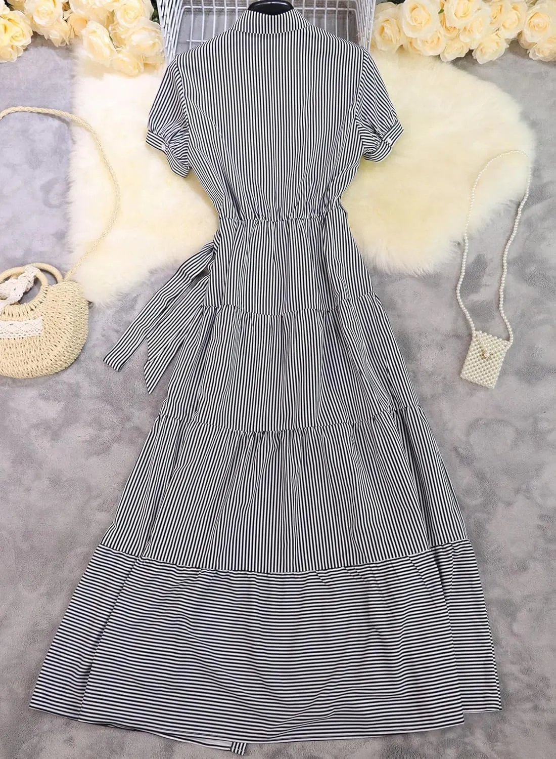 Women Summer Striped Maxi Long Button Down Short Sleeve Tie Waist Tiered Casual Shirt Dress