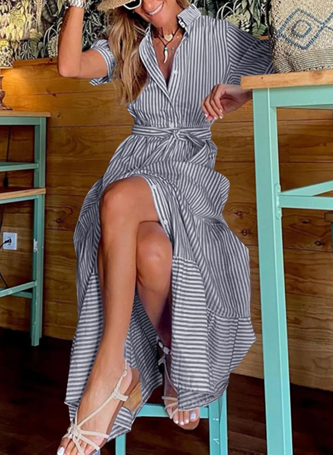 Women Summer Striped Maxi Long Button Down Short Sleeve Tie Waist Tiered Casual Shirt Dress