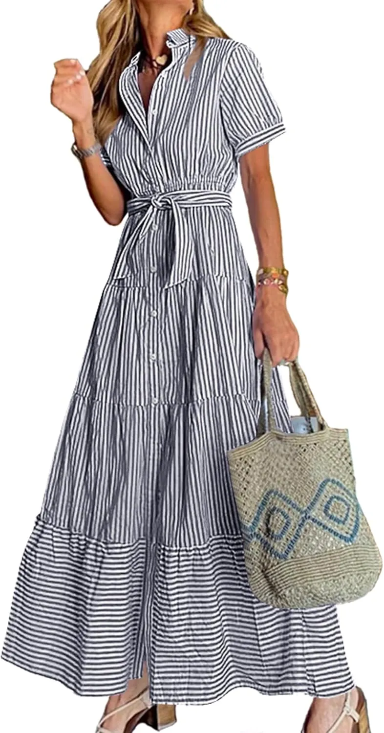 Women Summer Striped Maxi Long Button Down Short Sleeve Tie Waist Tiered Casual Shirt Dress