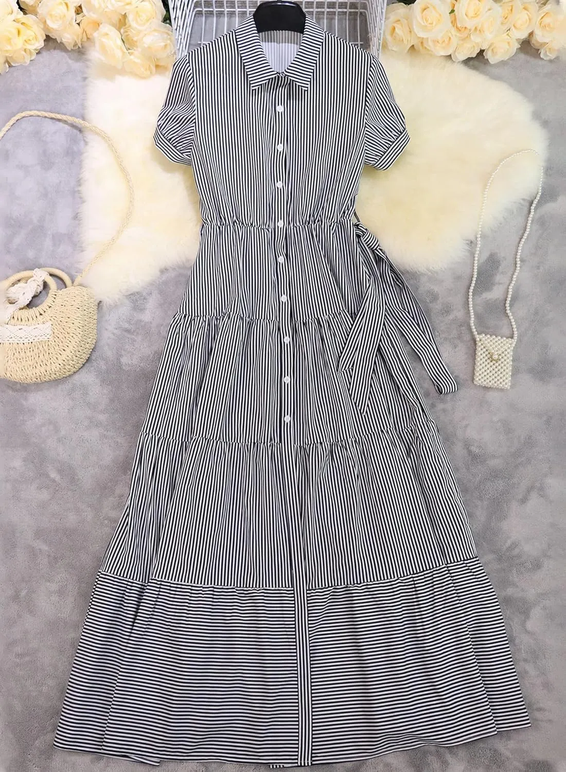 Women Summer Striped Maxi Long Button Down Short Sleeve Tie Waist Tiered Casual Shirt Dress