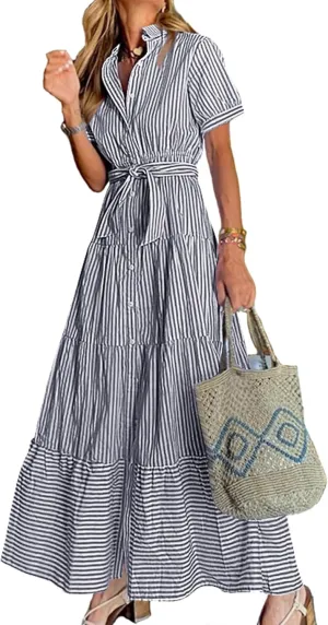 Women Summer Striped Maxi Long Button Down Short Sleeve Tie Waist Tiered Casual Shirt Dress