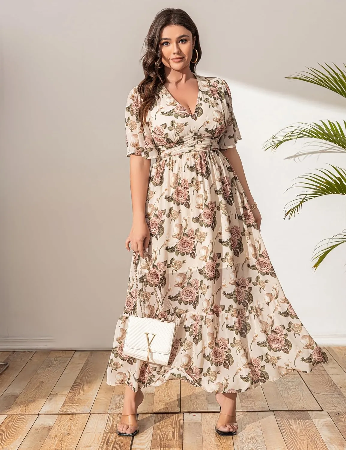 Women's 2025 Floral Summer Dress Smocked V Neck Boho Plus Size Beach Party Wedding Guest Ruffle Long Dresses