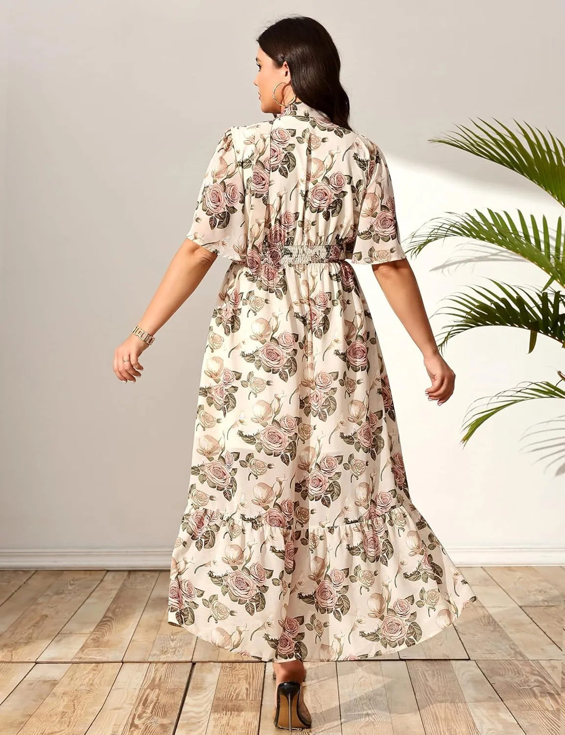Women's 2025 Floral Summer Dress Smocked V Neck Boho Plus Size Beach Party Wedding Guest Ruffle Long Dresses