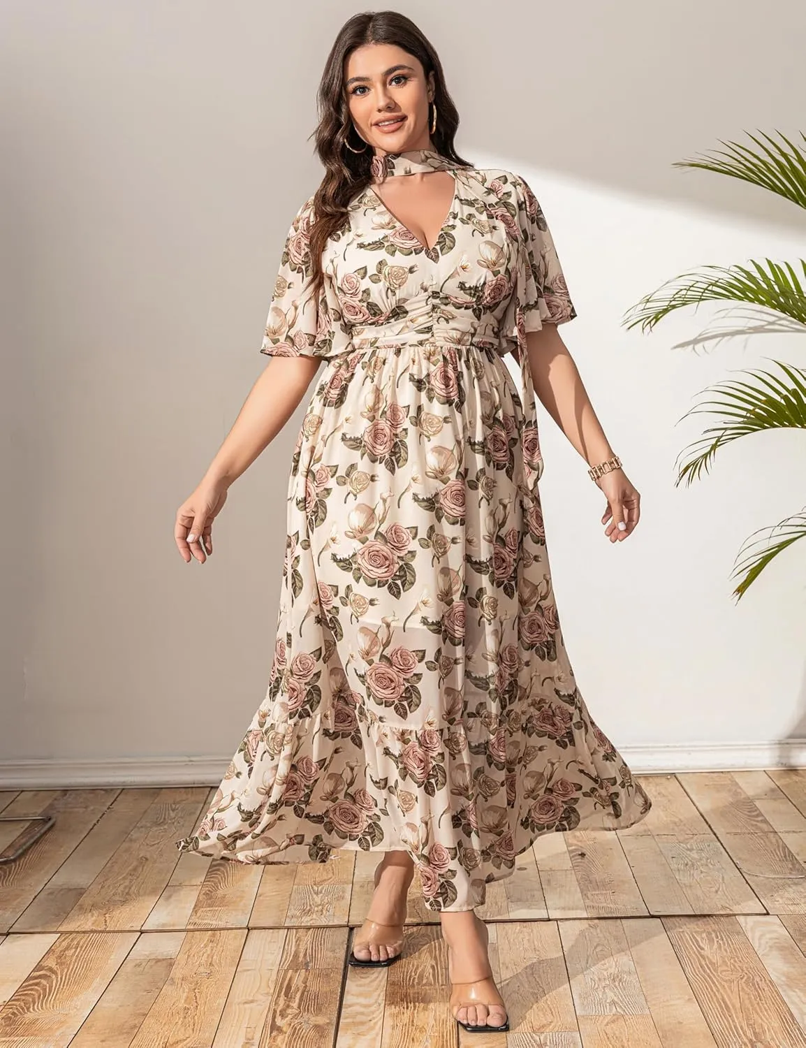 Women's 2025 Floral Summer Dress Smocked V Neck Boho Plus Size Beach Party Wedding Guest Ruffle Long Dresses