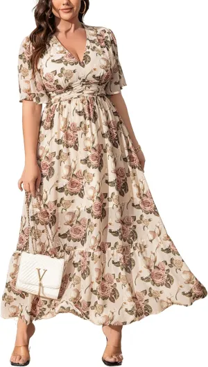 Women's 2025 Floral Summer Dress Smocked V Neck Boho Plus Size Beach Party Wedding Guest Ruffle Long Dresses