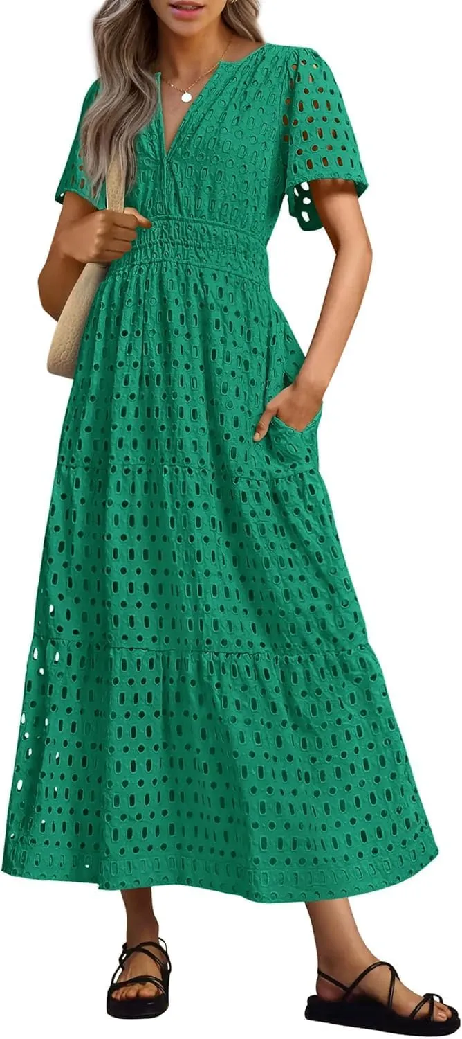Womens 2025 Summer Maxi Dress Short Sleeve V Neck Hollow Out Eyelet A Line Long Flowy Beach Vacation Dresses