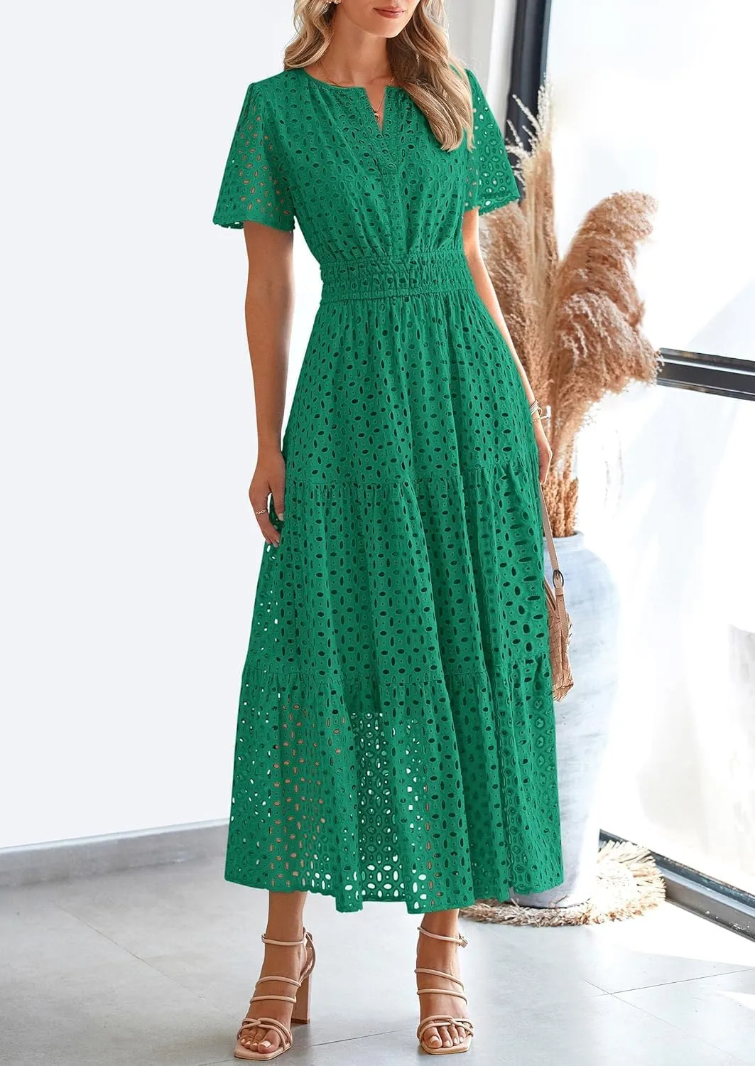 Womens 2025 Summer Maxi Dress Short Sleeve V Neck Hollow Out Eyelet A Line Long Flowy Beach Vacation Dresses