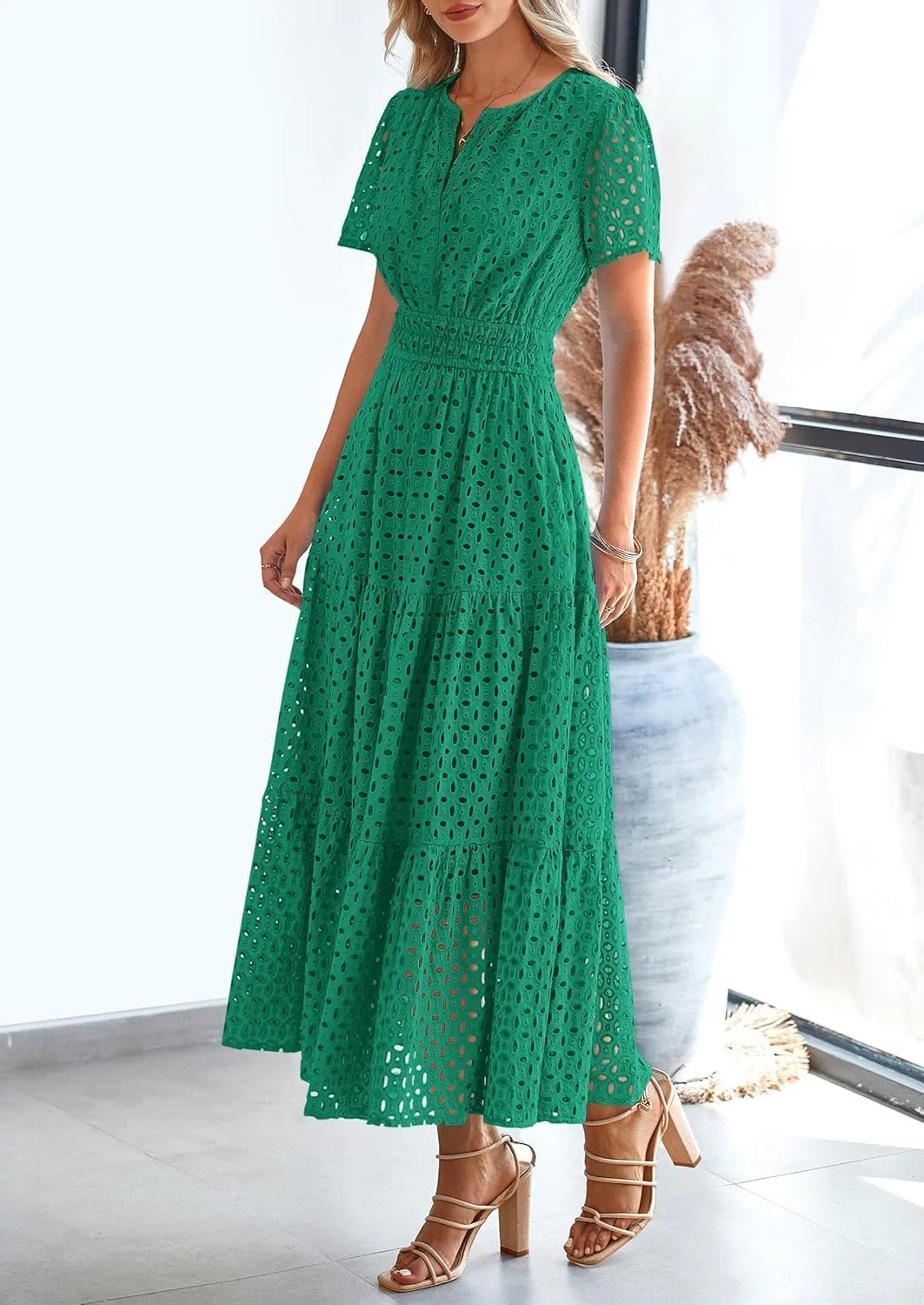 Womens 2025 Summer Maxi Dress Short Sleeve V Neck Hollow Out Eyelet A Line Long Flowy Beach Vacation Dresses