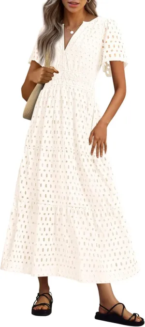 Womens 2025 Summer Maxi Dress Short Sleeve V Neck Hollow Out Eyelet A Line Long Flowy Beach Vacation Dresses