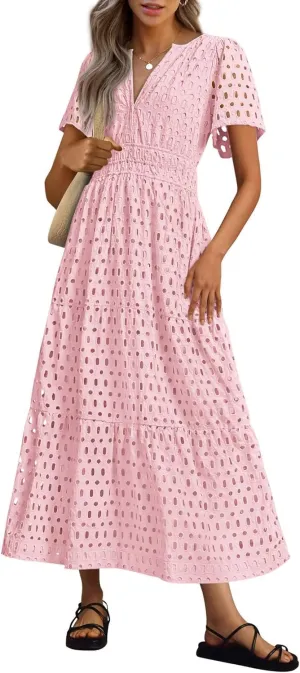 Womens 2025 Summer Maxi Dress Short Sleeve V Neck Hollow Out Eyelet A Line Long Flowy Beach Vacation Dresses